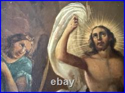 Antique Religious Painting Resurrection of Christ Hand Painted on Wood Panel
