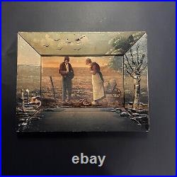 Antique Religious Painting with Unique Painted Frame Rural Scene