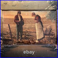 Antique Religious Painting with Unique Painted Frame Rural Scene