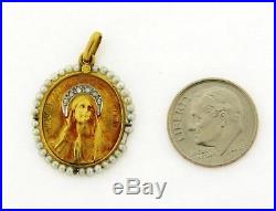 Antique Religious Pearl Diamond 18k Yellow Gold Pendant