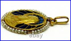 Antique Religious Pendant in 18k Gold, French Plique A Jour, Sea Pearl &Diamond