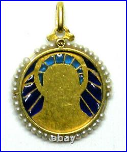 Antique Religious Pendant in 18k Gold, French Plique A Jour, Sea Pearl &Diamond