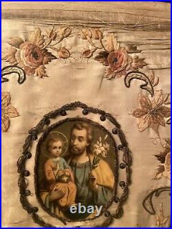 Antique Religious Picture Embroidery Fabric Church Christianity Victorian