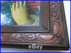 Antique Religious Picture Holy Open Heart Virgin Mary Carved Frame Vnt. 1900's
