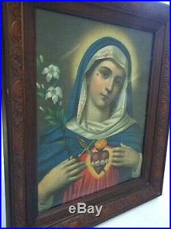 Antique Religious Picture Holy Open Heart Virgin Mary Carved Frame Vnt. 1900's