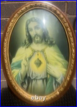 Antique Religious Picture Sacred Heart Jesus Catholic Big Frame Convex -See Info