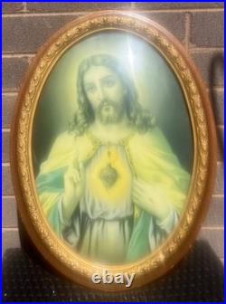Antique Religious Picture Sacred Heart Jesus Catholic Big Frame Convex -See Info