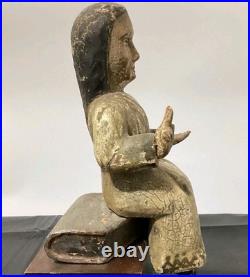 Antique Religious Polychrome Guatemalan Santo Seated Statue Christianity