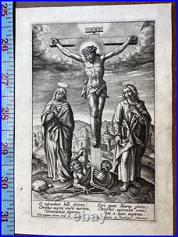 Antique Religious Print Christ Cross Triumph satan death H. Wierix engraving