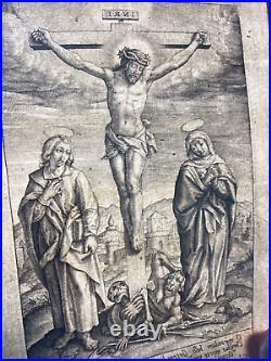 Antique Religious Print Christ Cross Triumph satan death H. Wierix engraving