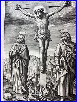 Antique Religious Print Christ Cross Triumph satan death H. Wierix engraving