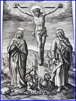 Antique Religious Print Christ Cross Triumph satan death H. Wierix engraving