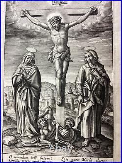 Antique Religious Print Christ Cross Triumph satan death H. Wierix engraving