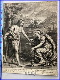 Antique Religious Print Jesus Christ Mary Magdalen 1600's. Engraving