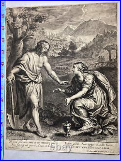 Antique Religious Print Jesus Christ Mary Magdalen 1600's. Engraving