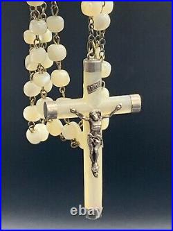 Antique Religious Rosary Necklace Mother of Perl Beads & Marked Silver Cross