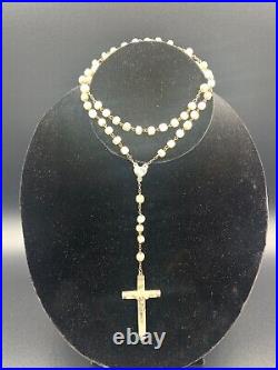 Antique Religious Rosary Necklace Mother of Perl Beads & Marked Silver Cross