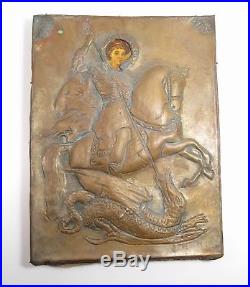 Antique Religious Russian Icon ST GEORGE Copper Oklad Painted Face 19th Century