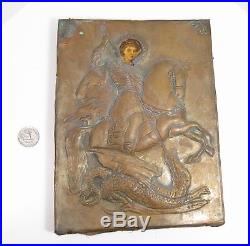 Antique Religious Russian Icon ST GEORGE Copper Oklad Painted Face 19th Century