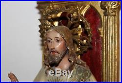 Antique Religious Sacred Heart Enthroned. Polychromed Stucco. Seal Olot. C. 1930