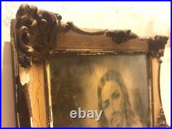 Antique Religious Sacred Heart of Jesus, framed poster print maybe of the 50´s