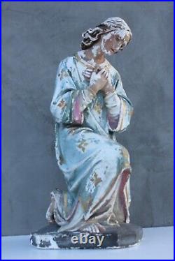 Antique Religious Sculpture, Plaster Kneeling, Praying Woman Angel Statue