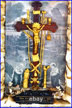 Antique Religious Shadow Box Diorama Passion Crucifix Skull Crossbones Pius IX