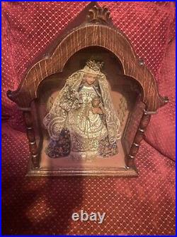 Antique Religious Shrine Shadow Box Altar Wax Made Madonna And Jesus