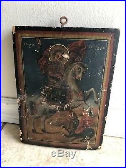 Antique Religious Signed Painting On Board Saint George The Dragon Slayer