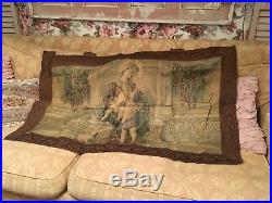 Antique Religious Silkscreen Wall Hanging Mary Child Metalwork Tapestry Trim #E