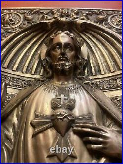 Antique Religious Silver Plated Jesus Christ Plaque Icon 3D Image Church Altar