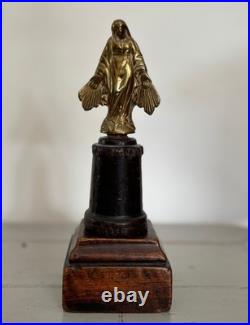 Antique Religious Small Gilded Brass Virgin on Wooden Base Devotional Figurine