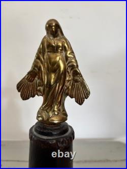 Antique Religious Small Gilded Brass Virgin on Wooden Base Devotional Figurine