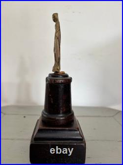 Antique Religious Small Gilded Brass Virgin on Wooden Base Devotional Figurine