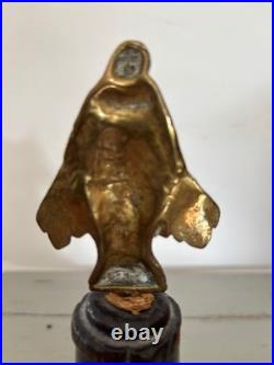 Antique Religious Small Gilded Brass Virgin on Wooden Base Devotional Figurine
