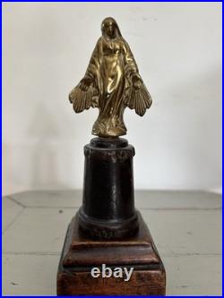 Antique Religious Small Gilded Brass Virgin on Wooden Base Devotional Figurine
