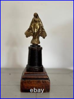 Antique Religious Small Gilded Brass Virgin on Wooden Base Devotional Figurine