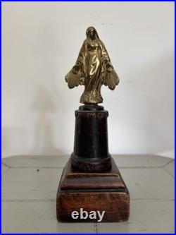 Antique Religious Small Gilded Brass Virgin on Wooden Base Devotional Figurine
