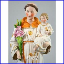 Antique Religious St. Anthony of Padua & Jesus Hand Painted Bisque Statue