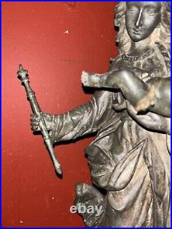 Antique Religious Statue Madonna Jesus Child Church BronzeEuropean Baroque Art