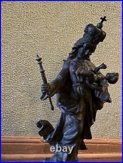 Antique Religious Statue Madonna Jesus Child Church BronzeEuropean Baroque Art