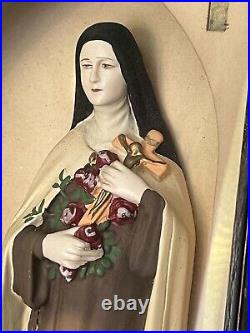Antique Religious Statue Saint Theresa Mission Framed Oak Shadow box Pink Roses