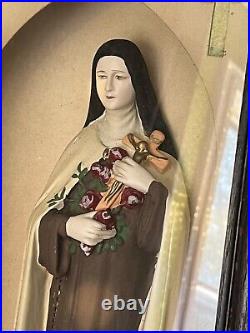 Antique Religious Statue Saint Theresa Mission Framed Oak Shadow box Pink Roses