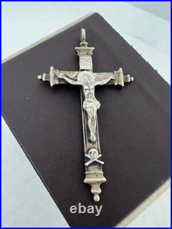 Antique Religious Sterling Silver Pectoral Cross Crucifix Original Case 18th C