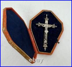 Antique Religious Sterling Silver Pectoral Cross Crucifix Original Case 18th C