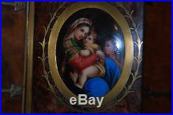 Antique Religious Table Icon within Wooden Inlaid Cabinet with Two Hinged Doors