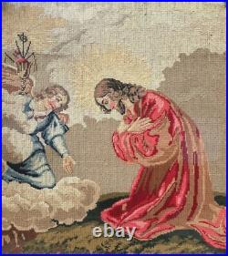 Antique Religious Tapestry Embroidery Needlepoints Icon Colored 18-19c