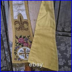 Antique Religious Tapestry Priest Fleur-De-Lis