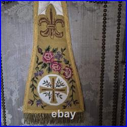 Antique Religious Tapestry Priest Fleur-De-Lis