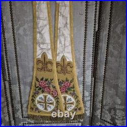 Antique Religious Tapestry Priest Fleur-De-Lis